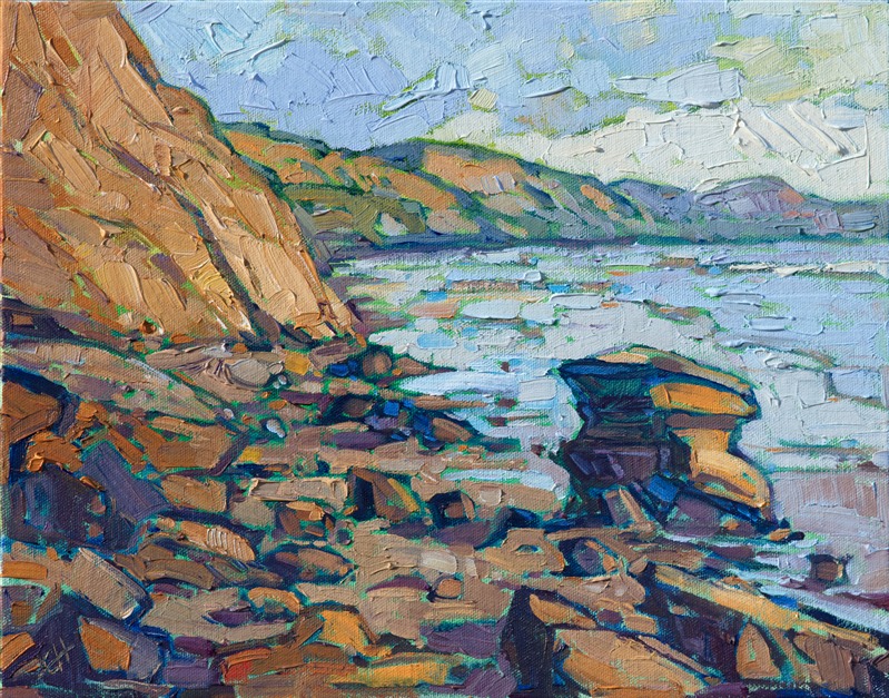 Black's Beach in San Diego is a striking beach, both in its beautiful rock coloration and the surprising nude factor (surprising for out-of-towners, anyways.) This painting captures the beautiful cliffs and subdued ocean colors of a late afternoon.</p><p>This painting was done on 1/8" canvas, and it arrives framed and ready to hang.