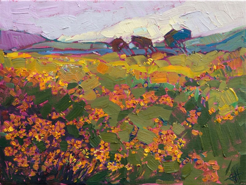 Texan wildflowers are blooming abundantly this spring, these stunning black eyed Susans showering their orange-yellow color across the hillsides.  This painting is full of loose, expressive brush strokes that capture the immediacy and beauty of the wide outdoors.</p><p>This painting was created on 3/4" canvas and arrives framed in a classic gold frame, ready to hang.</p><p>
