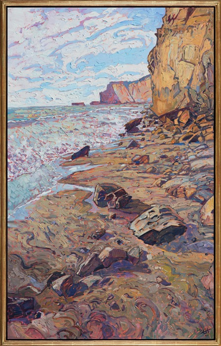 Black's Beach, below Torrey Pines in San Diego, is captured in vivid colors of copper and tawny orange. The piece is alive with movement and texture, an impressionistic medley of color and abstract forms.</p><p>This painting was done on 1-1/2" canvas, with the painting continued around the edges of the canvas, and it has been framed in a custom gold-leaf floater frame. The painting arrives ready to hang.