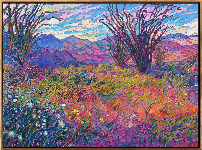 Borrego Springs is alive with color during its rare superblooms. White, purple, and yellow wildflowers dot the desert floor, blanketing the sand with unexpected bursts of color. This painting captures ocotillo and wildflowers against the steep mountains that surround Borrego Springs.<br/>