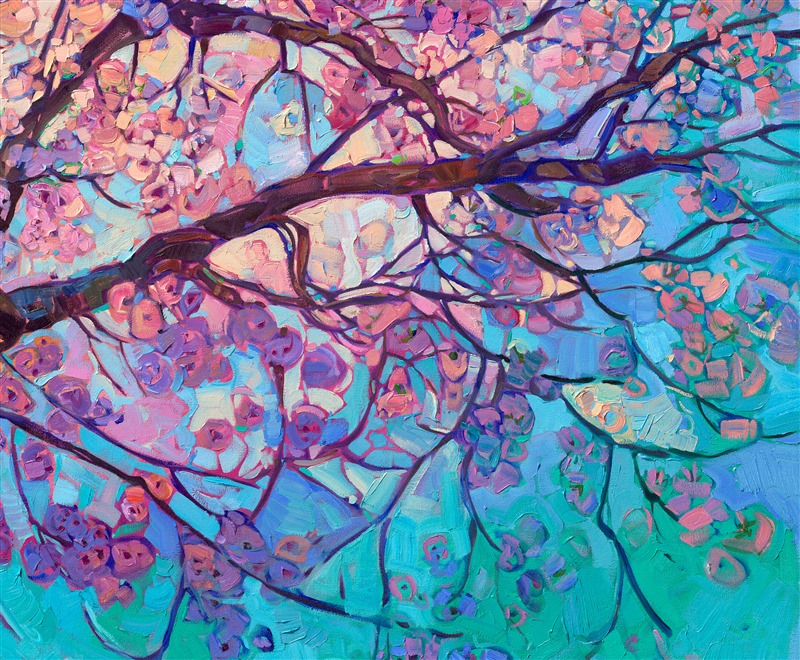 This large canvas captures the vibrant colors of spring in Oregon's Willamette Valley. Pink and white cherry blooms explode with color all across the valley, transforming the idyllic countryside into a painter's paradise. At 70 inches wide, this painting will make a statement in any room it is in. Thick brush strokes of oil paint applied in Hanson's signature Open Impressionism style convey a sense of movement and rhythm to the painting.