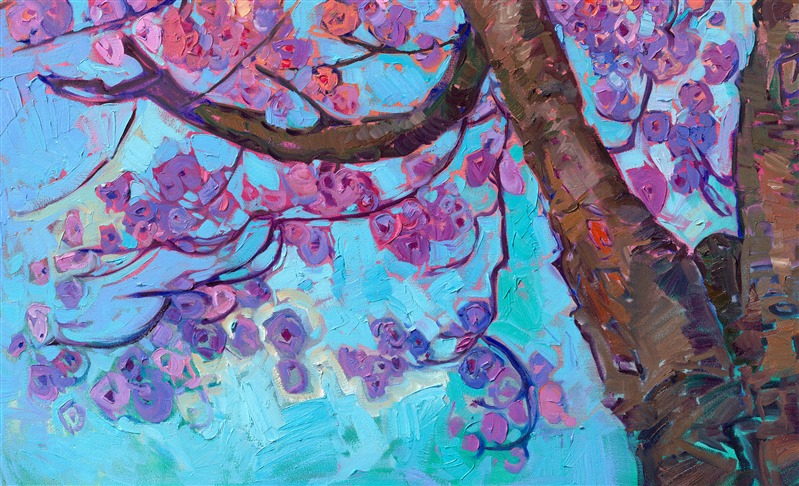This large canvas captures the vibrant colors of spring in Oregon's Willamette Valley. Pink and white cherry blooms explode with color all across the valley, transforming the idyllic countryside into a painter's paradise. At 70 inches wide, this painting will make a statement in any room it is in. Thick brush strokes of oil paint applied in Hanson's signature Open Impressionism style convey a sense of movement and rhythm to the painting.