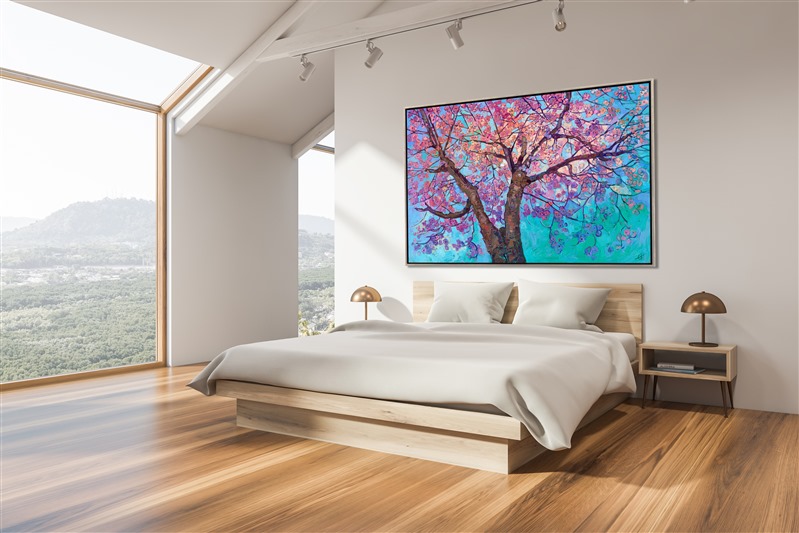 This large canvas captures the vibrant colors of spring in Oregon's Willamette Valley. Pink and white cherry blooms explode with color all across the valley, transforming the idyllic countryside into a painter's paradise. At 70 inches wide, this painting will make a statement in any room it is in. Thick brush strokes of oil paint applied in Hanson's signature Open Impressionism style convey a sense of movement and rhythm to the painting.