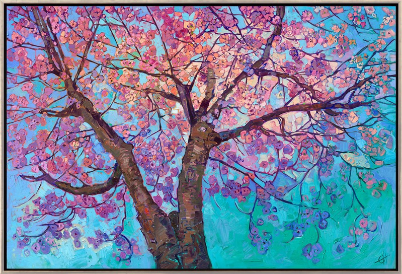 This large canvas captures the vibrant colors of spring in Oregon's Willamette Valley. Pink and white cherry blooms explode with color all across the valley, transforming the idyllic countryside into a painter's paradise. At 70 inches wide, this painting will make a statement in any room it is in. Thick brush strokes of oil paint applied in Hanson's signature Open Impressionism style convey a sense of movement and rhythm to the painting.