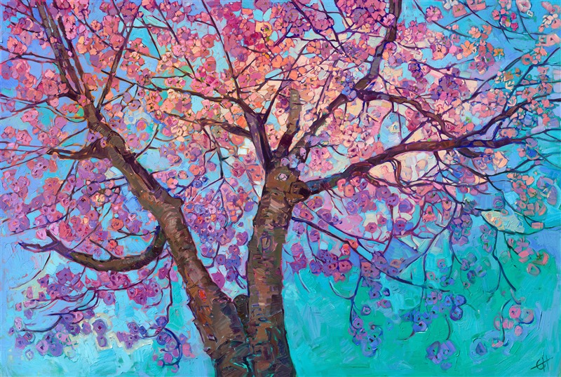 This large canvas captures the vibrant colors of spring in Oregon's Willamette Valley. Pink and white cherry blooms explode with color all across the valley, transforming the idyllic countryside into a painter's paradise. At 70 inches wide, this painting will make a statement in any room it is in. Thick brush strokes of oil paint applied in Hanson's signature Open Impressionism style convey a sense of movement and rhythm to the painting.