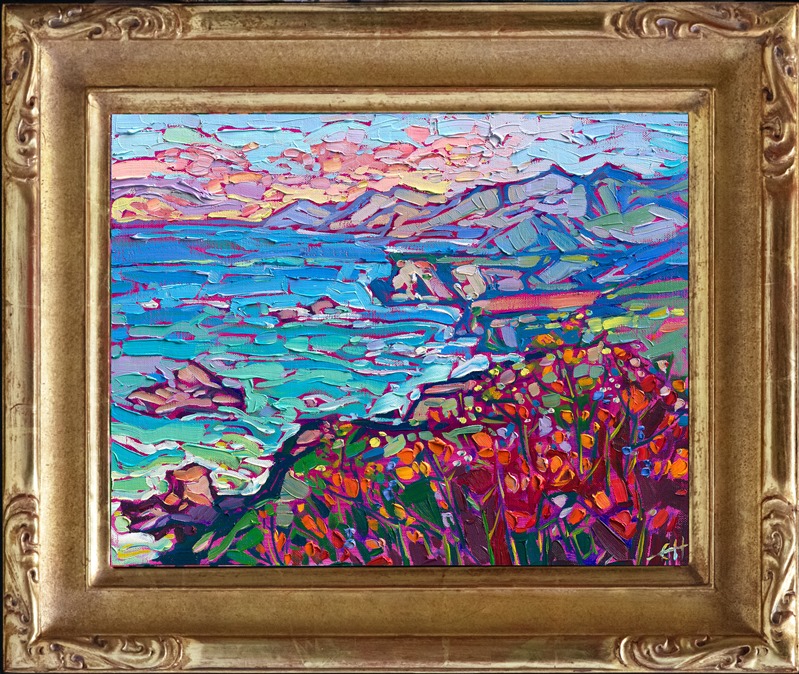 This petite painting captures the majesty of California's Highway 1 with loose, impressionistic brush strokes and a colorful palette. The blues and turquoises are the perfect contrast to the orange California poppies blooming along the coastline.</p><p>"Blooming Coast" was created on linen board, and the painting arrives framed in a gold plein air frame, ready to hang.
