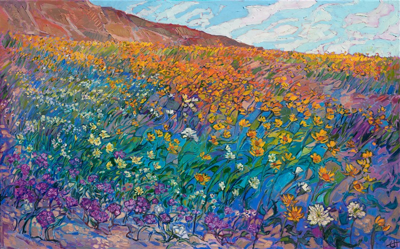 This vividly colorful and impressionistic oil painting captures the amazing super bloom we had in Borrego Springs a few years ago. Each brush stroke is energetic and alive, celebrating the beauty of the outdoors.</p><p>"Blooming Desert" was created on 1-1/2" canvas, with the painting continued around the edges. The piece has been framed in a custom-made, gold floater frame.