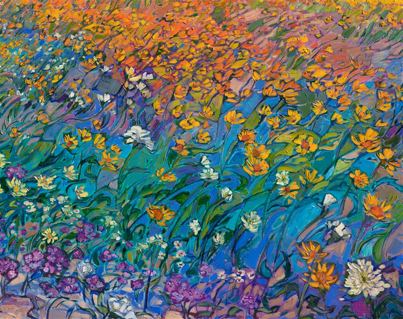 This vividly colorful and impressionistic oil painting captures the amazing super bloom we had in Borrego Springs a few years ago. Each brush stroke is energetic and alive, celebrating the beauty of the outdoors.</p><p>"Blooming Desert" was created on 1-1/2" canvas, with the painting continued around the edges. The piece has been framed in a custom-made, gold floater frame.