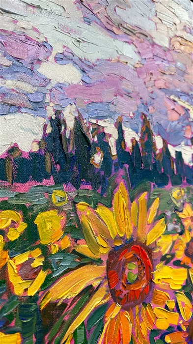 Sunflower fields bloom with abundant, expressive color in this oil painting of the Oregon countryside. The brushstrokes are thick and impressionistic, alive with texture and motion. This painting will be included in Erin Hanson's exhibition <i>The Sunflower Show</i>.</p><p>"Blooming Field" is an original oil painting on stretched canvas. The painting arrives framed in a contemporary gold floater frame finished in distressed 23kt gold leaf.