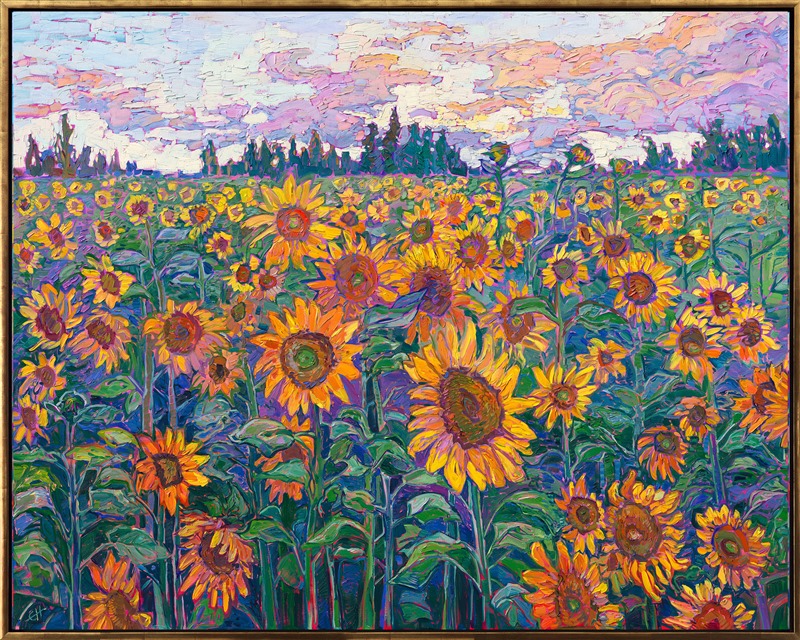 Sunflower fields bloom with abundant, expressive color in this oil painting of the Oregon countryside. The brushstrokes are thick and impressionistic, alive with texture and motion. This painting will be included in Erin Hanson's exhibition <i>The Sunflower Show</i>.</p><p>"Blooming Field" is an original oil painting on stretched canvas. The painting arrives framed in a contemporary gold floater frame finished in distressed 23kt gold leaf.