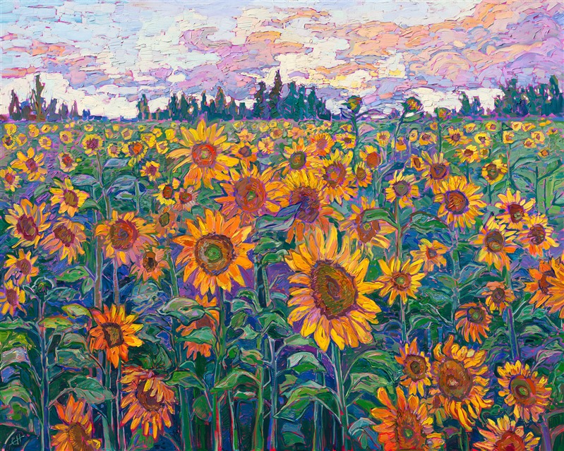 Sunflower fields bloom with abundant, expressive color in this oil painting of the Oregon countryside. The brushstrokes are thick and impressionistic, alive with texture and motion. This painting will be included in Erin Hanson's exhibition <i>The Sunflower Show</i>.</p><p>"Blooming Field" is an original oil painting on stretched canvas. The painting arrives framed in a contemporary gold floater frame finished in distressed 23kt gold leaf.