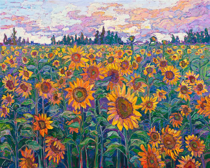 Sunflower fields bloom with abundant, expressive color in this oil painting of the Oregon countryside. The brushstrokes are thick and impressionistic, alive with texture and motion. This painting will be included in Erin Hanson's exhibition <i>The Sunflower Show</i>.

"Blooming Field" is an original oil painting on stretched canvas. The painting arrives framed in a contemporary gold floater frame finished in distressed 23kt gold leaf.