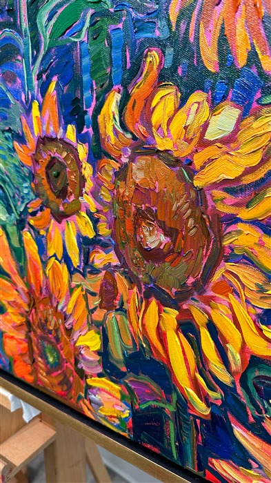 Sunflower fields bloom with abundant, expressive color in this oil painting of the Oregon countryside. The brushstrokes are thick and impressionistic, alive with texture and motion. This painting will be included in Erin Hanson's exhibition <i>The Sunflower Show</i>.</p><p>"Blooming Field" is an original oil painting on stretched canvas. The painting arrives framed in a contemporary gold floater frame finished in distressed 23kt gold leaf.