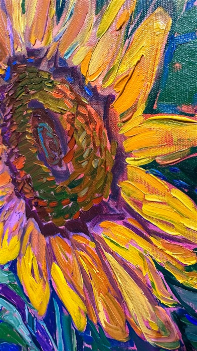 Sunflower fields bloom with abundant, expressive color in this oil painting of the Oregon countryside. The brushstrokes are thick and impressionistic, alive with texture and motion. This painting will be included in Erin Hanson's exhibition <i>The Sunflower Show</i>.</p><p>"Blooming Field" is an original oil painting on stretched canvas. The painting arrives framed in a contemporary gold floater frame finished in distressed 23kt gold leaf.