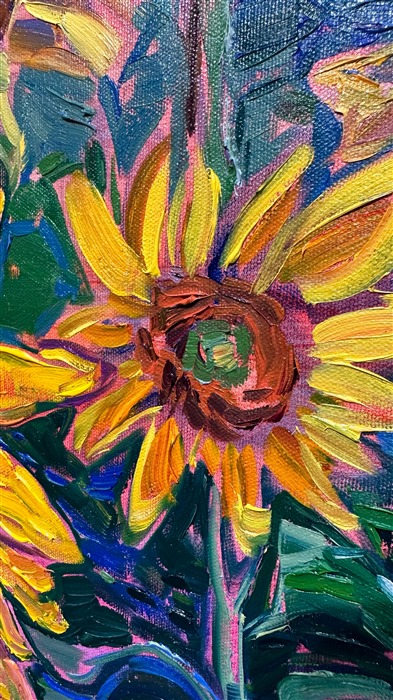 Sunflower fields bloom with abundant, expressive color in this oil painting of the Oregon countryside. The brushstrokes are thick and impressionistic, alive with texture and motion. This painting will be included in Erin Hanson's exhibition <i>The Sunflower Show</i>.</p><p>"Blooming Field" is an original oil painting on stretched canvas. The painting arrives framed in a contemporary gold floater frame finished in distressed 23kt gold leaf.