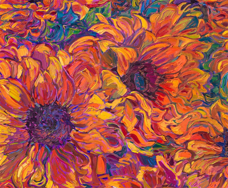 Curving petals of summer sunflowers fill this expansive canvas with vibrant hues of orange and gold. The thickly applied brushstrokes pull your eye throughout the painting, giving the piece a sense of motion. Impressionistic color captures the expressive joy of the blooms.</p><p>"Blooming Petals" is an original oil painting of sunflower blooms, by American impressionist Erin Hanson. Hailed as a modern van Gogh, Hanson captures the natural landscapes with bold color and thickly applied paint, in her iconic style "Open Impressionism."