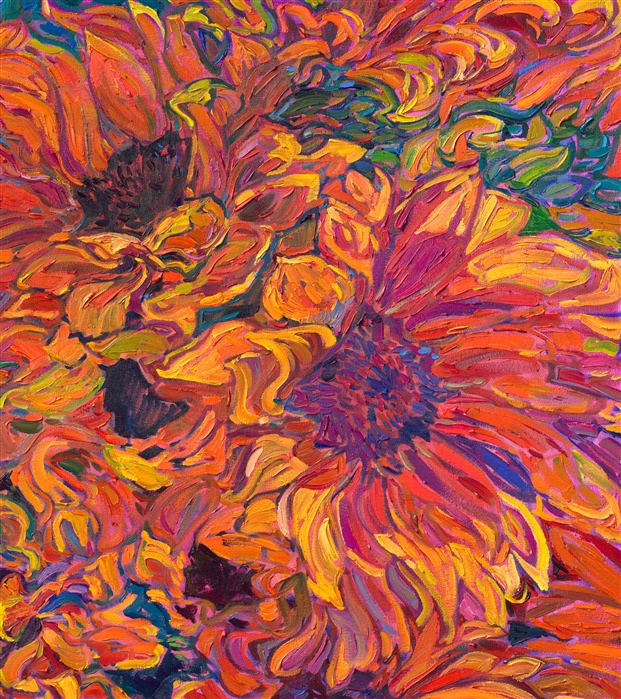 Curving petals of summer sunflowers fill this expansive canvas with vibrant hues of orange and gold. The thickly applied brushstrokes pull your eye throughout the painting, giving the piece a sense of motion. Impressionistic color captures the expressive joy of the blooms.</p><p>"Blooming Petals" is an original oil painting of sunflower blooms, by American impressionist Erin Hanson. Hailed as a modern van Gogh, Hanson captures the natural landscapes with bold color and thickly applied paint, in her iconic style "Open Impressionism."