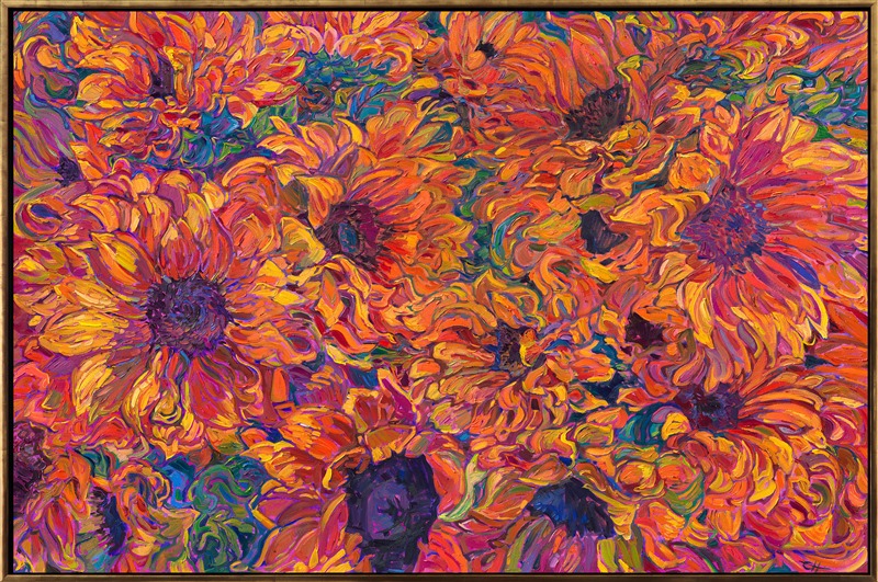 Curving petals of summer sunflowers fill this expansive canvas with vibrant hues of orange and gold. The thickly applied brushstrokes pull your eye throughout the painting, giving the piece a sense of motion. Impressionistic color captures the expressive joy of the blooms.</p><p>"Blooming Petals" is an original oil painting of sunflower blooms, by American impressionist Erin Hanson. Hailed as a modern van Gogh, Hanson captures the natural landscapes with bold color and thickly applied paint, in her iconic style "Open Impressionism."