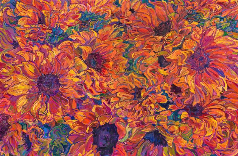 Curving petals of summer sunflowers fill this expansive canvas with vibrant hues of orange and gold. The thickly applied brushstrokes pull your eye throughout the painting, giving the piece a sense of motion. Impressionistic color captures the expressive joy of the blooms.

"Blooming Petals" is an original oil painting of sunflower blooms, by American impressionist Erin Hanson. Hailed as a modern van Gogh, Hanson captures the natural landscapes with bold color and thickly applied paint, in her iconic style "Open Impressionism."