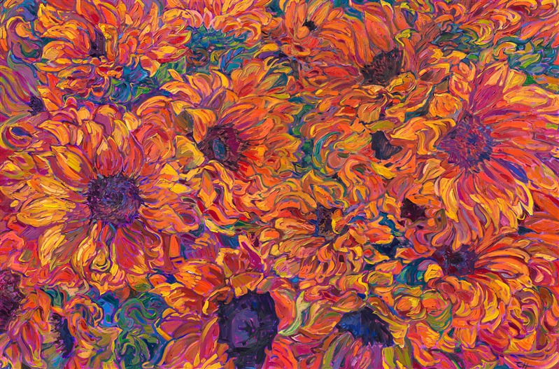 Curving petals of summer sunflowers fill this expansive canvas with vibrant hues of orange and gold. The thickly applied brushstrokes pull your eye throughout the painting, giving the piece a sense of motion. Impressionistic color captures the expressive joy of the blooms.</p><p>"Blooming Petals" is an original oil painting of sunflower blooms, by American impressionist Erin Hanson. Hailed as a modern van Gogh, Hanson captures the natural landscapes with bold color and thickly applied paint, in her iconic style "Open Impressionism."