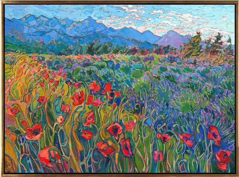 Curving stems of northwestern poppies create abstract patterns in front of rows of lavender. This painting was inspired by Sequim, Washington. The impressionistic brush strokes draw you into the painting and create a sense of movement within the picture.</p><p>"Blooming Poppies" is an original oil painting on stretched canvas. The piece arrives in a gold floater frame, ready to hang.