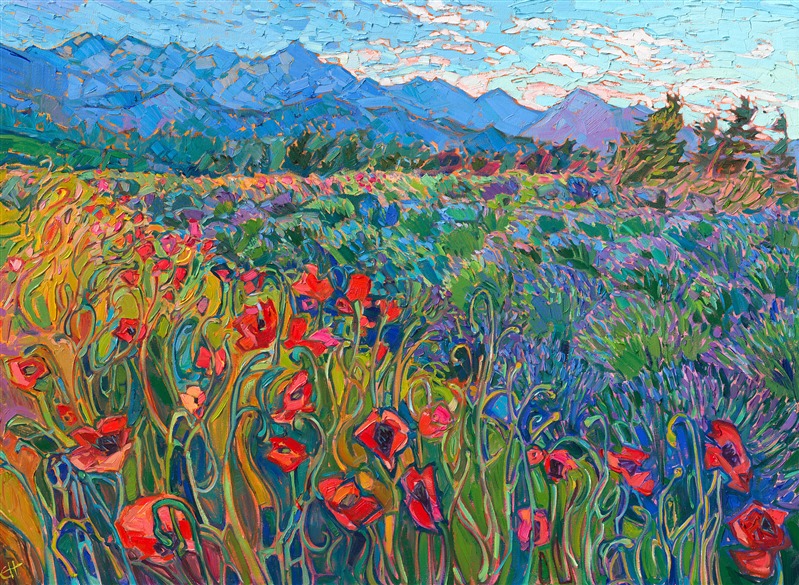 Curving stems of northwestern poppies create abstract patterns in front of rows of lavender. This painting was inspired by Sequim, Washington. The impressionistic brush strokes draw you into the painting and create a sense of movement within the picture.</p><p>"Blooming Poppies" is an original oil painting on stretched canvas. The piece arrives in a gold floater frame, ready to hang.