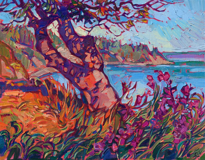 Standing on the northern coast of Washington, I found this beautiful scene of a curving coastline and flowering sweet peas. The brush strokes are thick and impressionistic, capturing the landscape's transient beauty and light.
