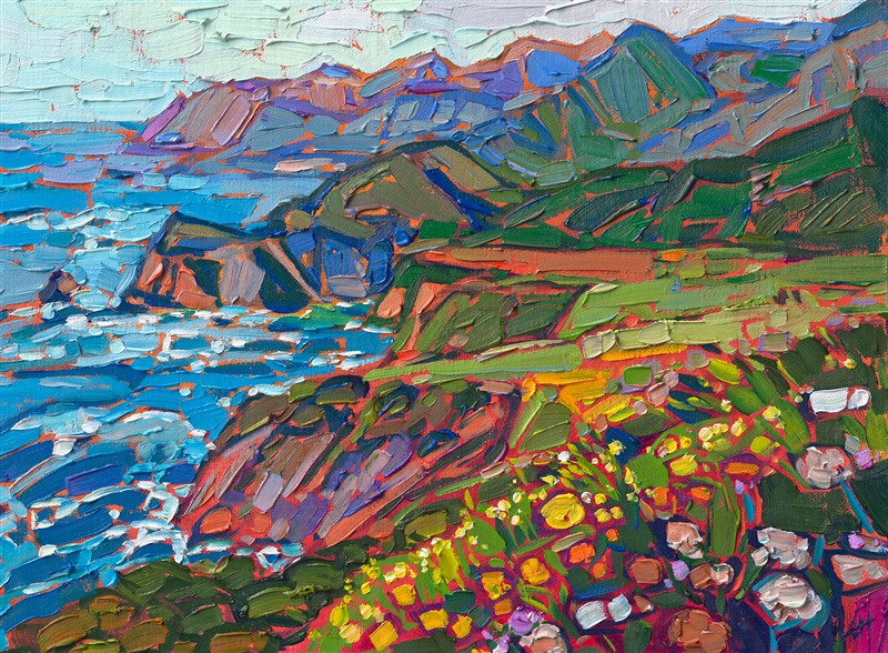 The California coastline between Carmel and Big Sur is most beautiful in the spring, when the coastal range is covered in green grass that fades to blue and purple in the distance. Yellow and white wildflowers bloom in abundance along the highway.</p><p>"Blooms and Coast" is a petite oil painting created on linen board. The piece arrives framed in a plein air frame, ready to hang.