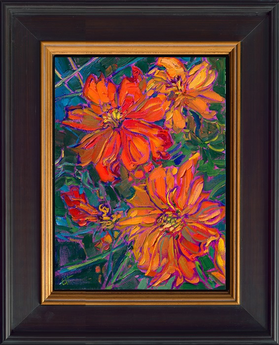 Colorful hues of cadmium are captured with a loose, impressionistic hand. The vibrant blossoms stand out against the dark background of foliage.</p><p>"Blooms in Cadmium" is an original oil painting on linen board. This piece arrives framed in a custom-made plein air frame (mock floater style, so the edges are uncovered).</p><p>This painting will be displayed at Erin Hanson's annual <a href="https://www.erinhanson.com/Event/ErinHansonSmallWorks2022" target=_"blank"><i>Petite Show</a></i> on November 19th, 2022, at The Erin Hanson Gallery in McMinnville, OR.