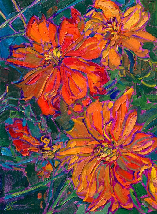 Colorful hues of cadmium are captured with a loose, impressionistic hand. The vibrant blossoms stand out against the dark background of foliage.

"Blooms in Cadmium" is an original oil painting on linen board. This piece arrives framed in a custom-made plein air frame (mock floater style, so the edges are uncovered).

This painting will be displayed at Erin Hanson's annual <a href="https://www.erinhanson.com/Event/ErinHansonSmallWorks2022" target=_"blank"><i>Petite Show</a></i> on November 19th, 2022, at The Erin Hanson Gallery in McMinnville, OR.