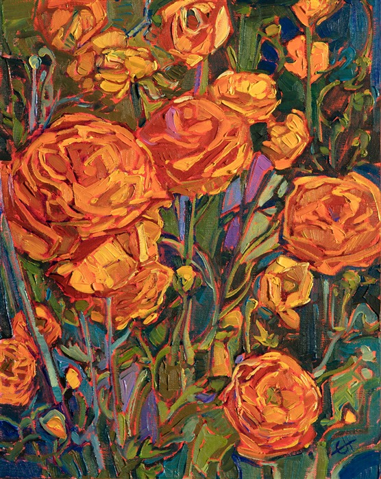 A splash of orange wildflowers dances across a verdant green background, their abstract shapes creating a rhythm of light and shadow across the canvas. </p><p>This painting is a part of Erin Hanson's <i>The Floral Show</i> 2019.</p><p>This painting was created on 1/8" linen board, and it arrives framed in a gold plein-air frame.