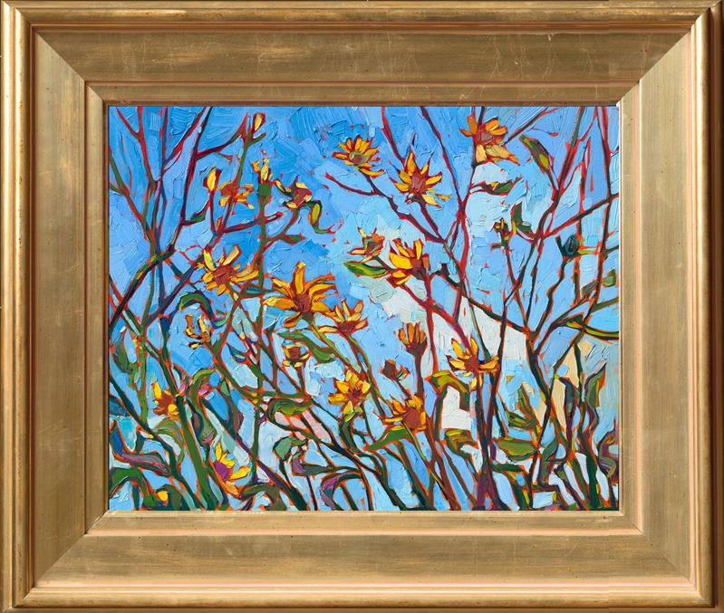 Petite wildflowers bloom in hues of sunshine yellow in this abstract impressionism oil painting by Erin Hanson. The piece was created on linen board, and the painting arrives framed in a wide, custom-made gold frame.</p><p>