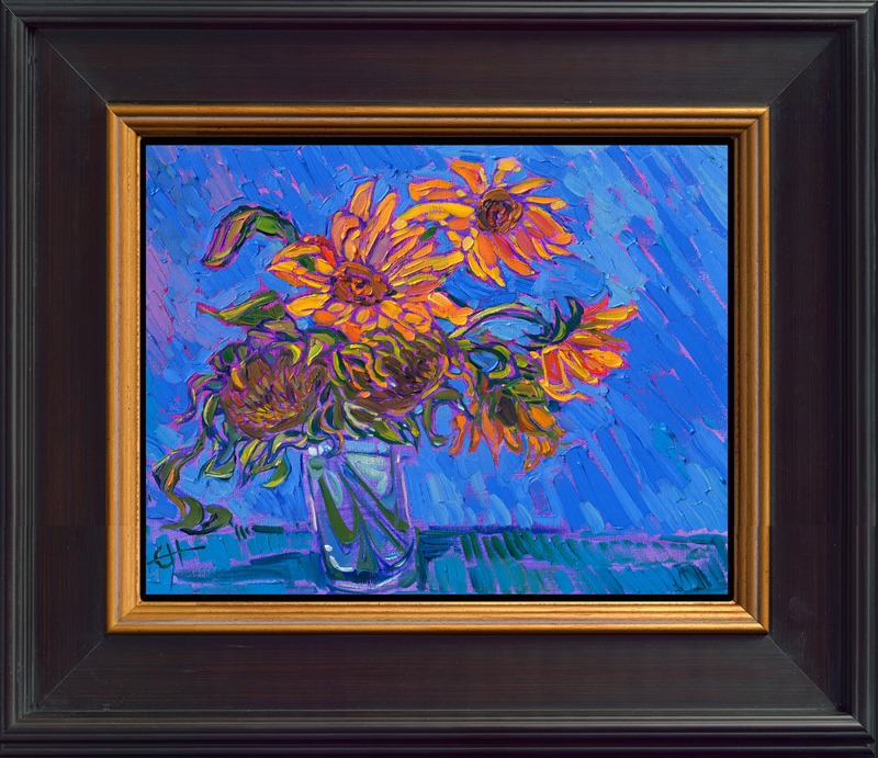 A glass of sunflowers bursts with the colors of summer in this petite oil painting. Long, loose brush strokes capture the impressionistic color and bring a breath of fresh air into the room.</p><p>The piece will be displayed at Erin Hanson's solo museum show <i><a href="https://www.erinhanson.com/Event/AlchemistofColor" target="_blank">Erin Hanson: Alchemist of Color</i></a> at the Channel Islands Maritime Museum in Oxnard, California. You may purchase this painting now, but the piece will not be delivered until after the show ends on December 28th, 2023.</p><p>"Blooms on Blue II" is an original oil painting on linen board, by Erin Hanson. The piece arrives in a mock floater frame, framed in a classic black and gold plein air frame. 