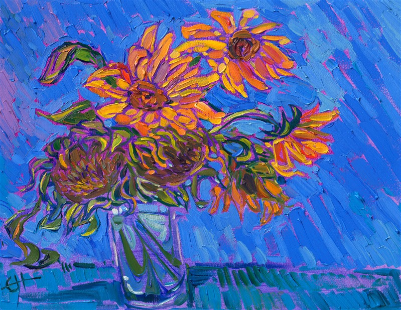 A glass of sunflowers bursts with the colors of summer in this petite oil painting. Long, loose brush strokes capture the impressionistic color and bring a breath of fresh air into the room.</p><p>The piece will be displayed at Erin Hanson's solo museum show <i><a href="https://www.erinhanson.com/Event/AlchemistofColor" target="_blank">Erin Hanson: Alchemist of Color</i></a> at the Channel Islands Maritime Museum in Oxnard, California. You may purchase this painting now, but the piece will not be delivered until after the show ends on December 28th, 2023.</p><p>"Blooms on Blue II" is an original oil painting on linen board, by Erin Hanson. The piece arrives in a mock floater frame, framed in a classic black and gold plein air frame. 