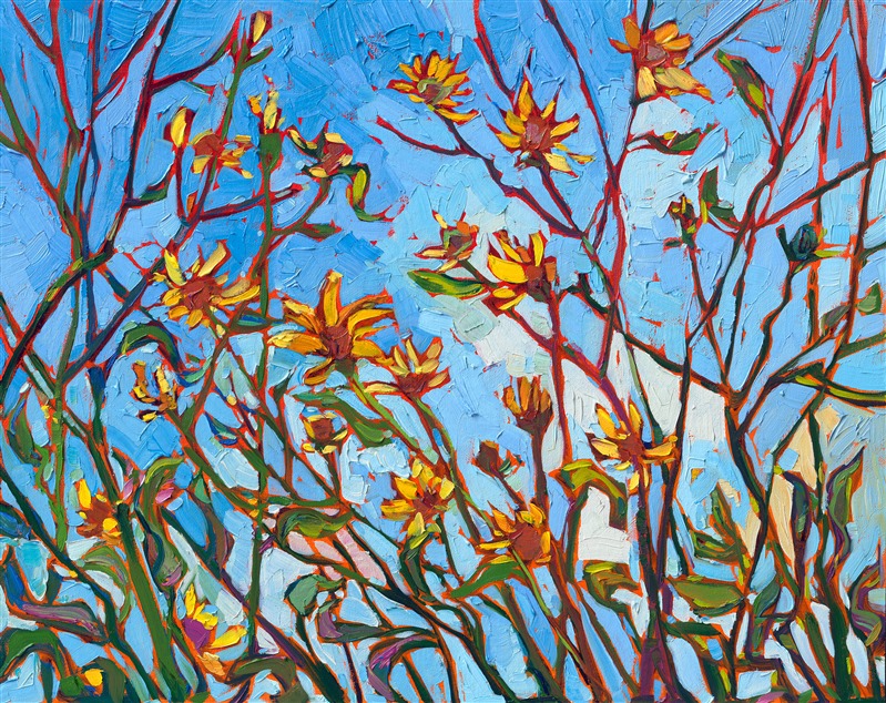 Petite wildflowers bloom in hues of sunshine yellow in this abstract impressionism oil painting by Erin Hanson. The piece was created on linen board, and the painting arrives framed in a wide, custom-made gold frame.</p><p>
