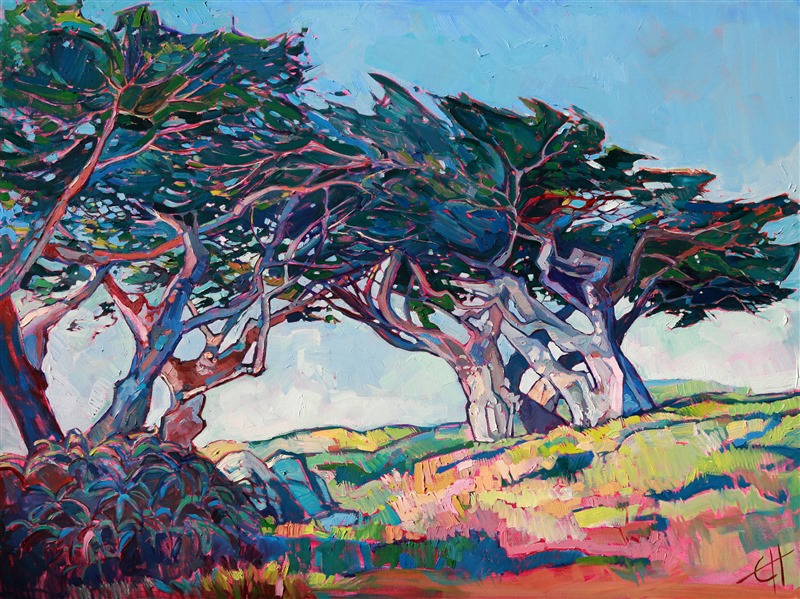 Winding cypress trees catch the pale light of dawn, seeming to beckon you over the hill to see what landscape appears on the other side. This painting of Monterey captures the California impressionist feel of the early 1900's, with the modern twist always seen in Erin's paintings.