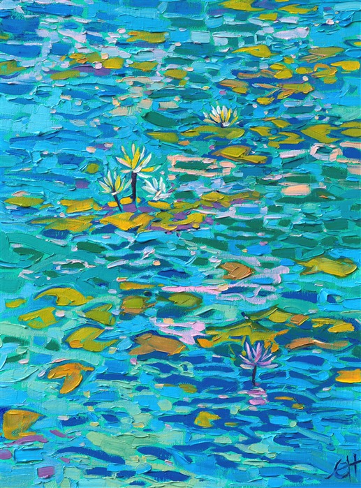 This painting was inspired by the water lilies garden in San Diego's Balboa Park. The brush strokes are thick and impressionistic, capturing the changing light and vibrant colors of the scene.</p><p>"Blue Lilies" is an original oil painting created on linen board. The piece arrives framed in a black and gold plein air frame.<br/>