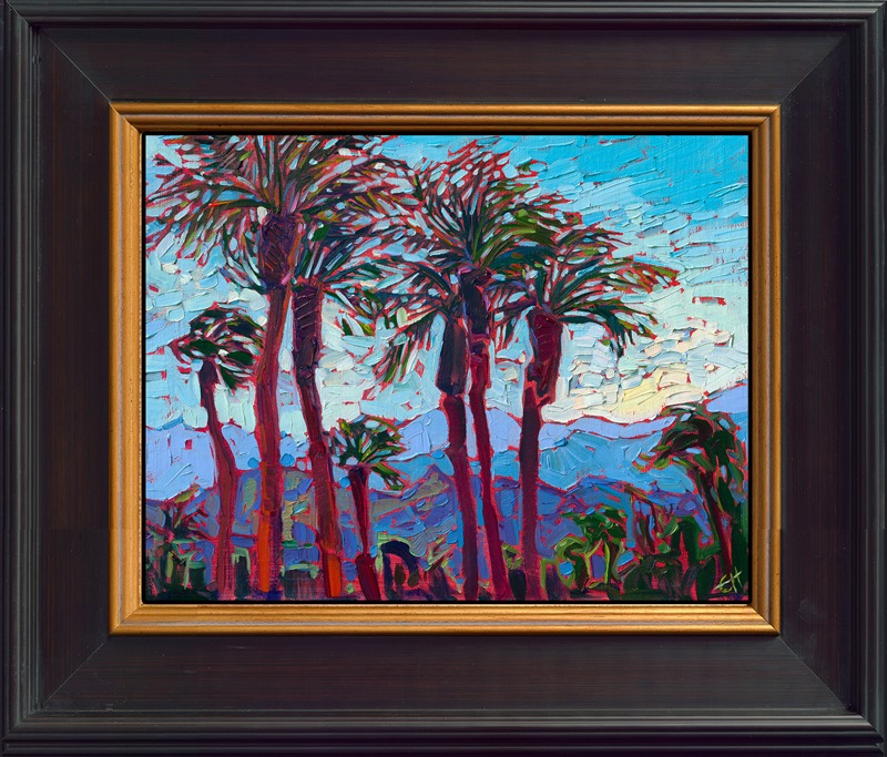 La Quinta is a beautiful desert resort destination in southern California. There are date palms everywhere, silhouetted against the dramatic mountains that surround the Coachella Valley. This painting captures the desert blues of La Quinta with loose, expressive brush strokes.</p><p>"Blue Palms" is an original oil painting created on linen board. The piece arrives framed in a black and gold plein air frame.</p><p>This piece will be displayed in Erin Hanson's annual <i><a href="https://www.erinhanson.com/Event/petiteshow2023">Petite Show</i></a> in McMinnville, Oregon. This painting is available for purchase now, and the piece will ship after the show on November 11, 2023.
