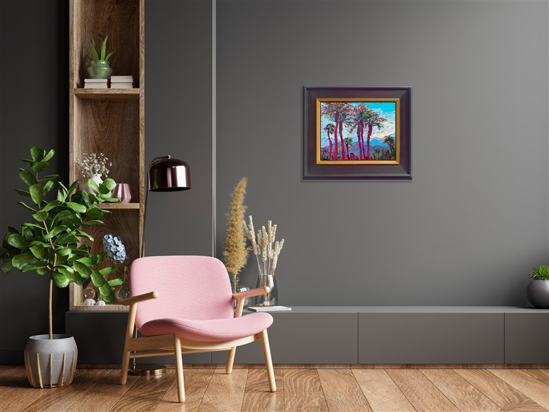 La Quinta is a beautiful desert resort destination in southern California. There are date palms everywhere, silhouetted against the dramatic mountains that surround the Coachella Valley. This painting captures the desert blues of La Quinta with loose, expressive brush strokes.</p><p>"Blue Palms" is an original oil painting created on linen board. The piece arrives framed in a black and gold plein air frame.</p><p>This piece will be displayed in Erin Hanson's annual <i><a href="https://www.erinhanson.com/Event/petiteshow2023">Petite Show</i></a> in McMinnville, Oregon. This painting is available for purchase now, and the piece will ship after the show on November 11, 2023.