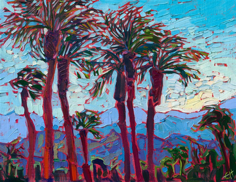 La Quinta is a beautiful desert resort destination in southern California. There are date palms everywhere, silhouetted against the dramatic mountains that surround the Coachella Valley. This painting captures the desert blues of La Quinta with loose, expressive brush strokes.

"Blue Palms" is an original oil painting created on linen board. The piece arrives framed in a black and gold plein air frame.

This piece will be displayed in Erin Hanson's annual <i><a href="https://www.erinhanson.com/Event/petiteshow2023">Petite Show</i></a> in McMinnville, Oregon. This painting is available for purchase now, and the piece will ship after the show on November 11, 2023.