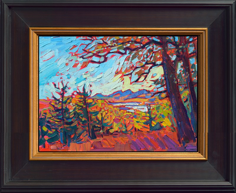 A petite canvas captures the wide landscape and vivid fall colors of the Blue Ridge Mountains in South Carolina. Blue Ridge Parkway is the most-traveled highway in the U.S., as leaf peepers from far and wide gather to see the brilliant fall foliage.</p><p>"Blue Ridge Vista" is an original oil painting on linen board. The piece arrives framed in a classic black and gold plein air frame, ready to hang.