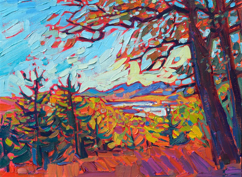 A petite canvas captures the wide landscape and vivid fall colors of the Blue Ridge Mountains in South Carolina. Blue Ridge Parkway is the most-traveled highway in the U.S., as leaf peepers from far and wide gather to see the brilliant fall foliage.</p><p>"Blue Ridge Vista" is an original oil painting on linen board. The piece arrives framed in a classic black and gold plein air frame, ready to hang.