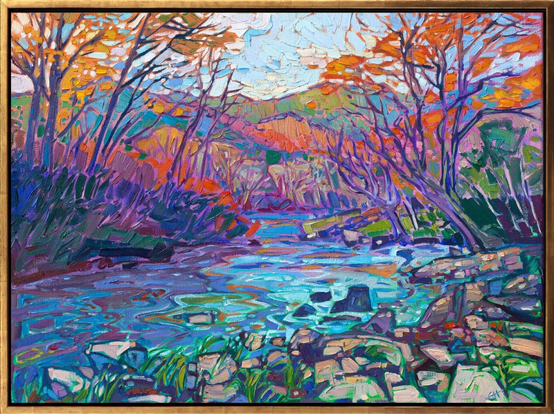 The Blue Ridge Mountains, South Carolina's Appalachian range, are filled with classic autumn color and old-world charm. This painting captures a winding stream in Price Park and the gently-rounded mountains of the Appalachians.