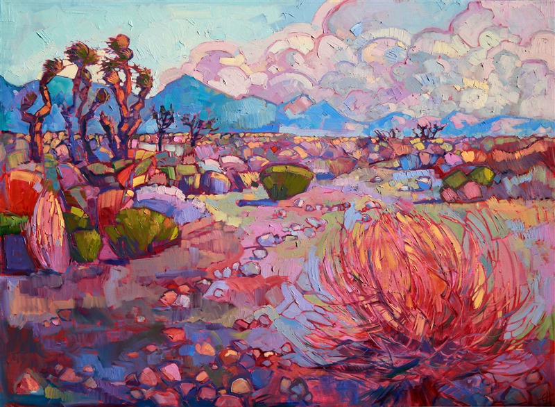 This painting lingers on the many years of fond memories the artist had living near Red Rock Canyon in Nevada. The cool autumn colors have a dreamlike effect in this hot desert.