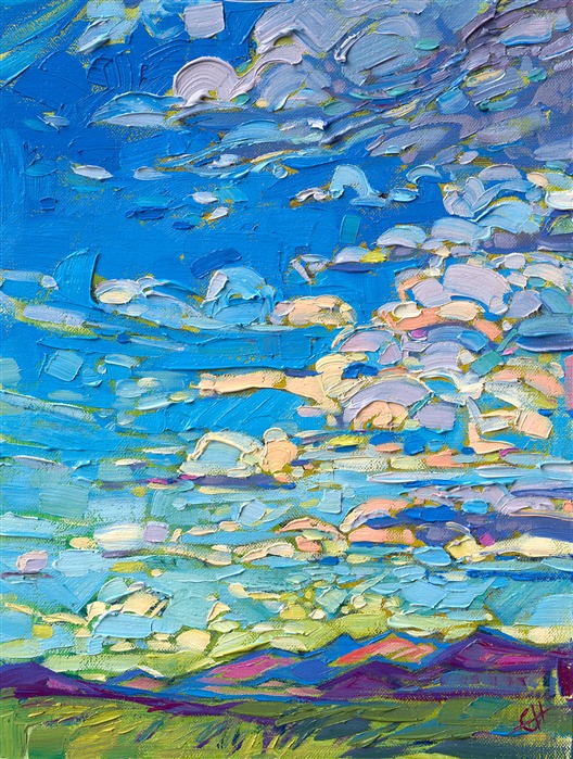 A wide blue sky is captured with petite brush strokes in this small oil painting. Brightly colored clouds and distant mountains complete the composition.</p><p>"Blue Sky" was created on fine linen board, and the painting arrives framed in a classic plein air frame.