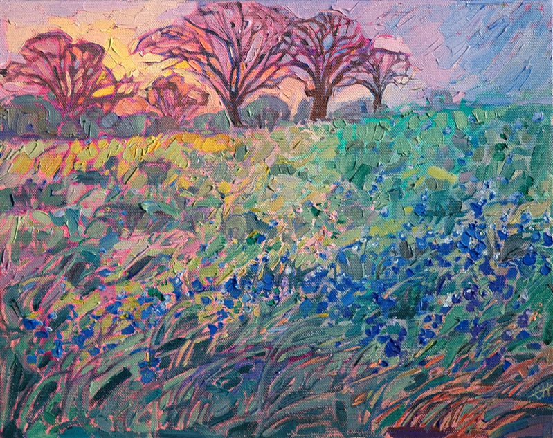 Texas bluebonnets tumble down the hillside in this impressionistic painting. The warm sunset light casts a golden glow across the landscape.</p><p>This painting was created on 1-1/2" deep canvas, and it has been framed in a 23kt gold floater frame.