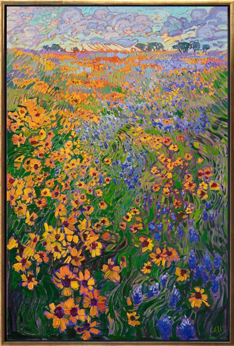 A swirl of Texas bluebonnets cascades down the hill amidst a field of black-eyed Susans. The colors are lively and fresh, capturing the spirit of spring.</p><p>"Bluebonnets Spring" was created on 1-1/2" canvas, with the painting continued around the edges. The painting arrives framed in a contemporary gold floater frame.
