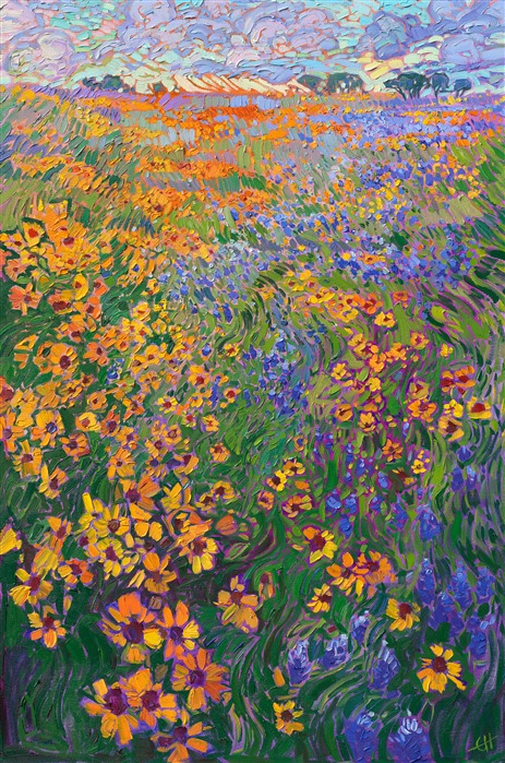 A swirl of Texas bluebonnets cascades down the hill amidst a field of black-eyed Susans. The colors are lively and fresh, capturing the spirit of spring.</p><p>"Bluebonnets Spring" was created on 1-1/2" canvas, with the painting continued around the edges. The painting arrives framed in a contemporary gold floater frame.