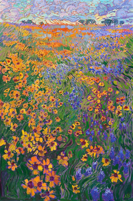 A swirl of Texas bluebonnets cascades down the hill amidst a field of black-eyed Susans. The colors are lively and fresh, capturing the spirit of spring.

"Bluebonnets Spring" was created on 1-1/2" canvas, with the painting continued around the edges. The painting arrives framed in a contemporary gold floater frame.