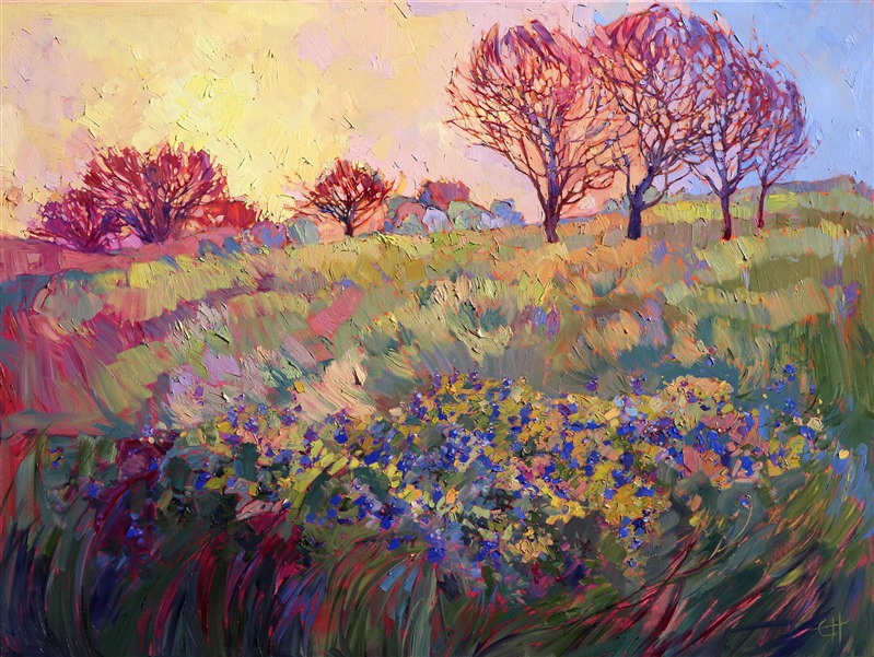 Wild bluebonnets range down the hills of Texan hill country. The brush strokes are lively and evocative, creating a mosaic of prismatic color.</p><p>This painting was created on museum-depth canvas, with the painting continued around the edges of the stretched canvas. It arrives ready to hang without a frame. </p><p>